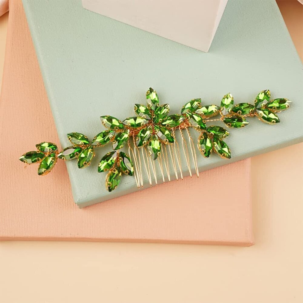 Wedding Crystal Hair Comb Green Rhinestone Flower Headband Handmade Bridal Acces